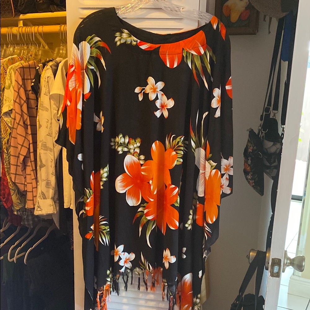 Aloha Fashion Black and Orange Floral Poncho